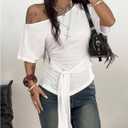 Floerns Women's Going Out Off The Shoulder T Shirts Tie Front Short Sleeve Hanky Hem Casual Tee Tops (White, S)