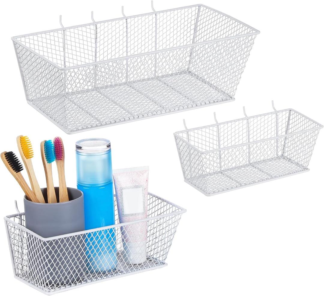 Photect Pegboard Wire Baskets Accessories Hanging Wall Organizer 3 Sizes Pegboard Bins Basket Home Garage Multi Fit Organizer for Slatwall(White,3 Pcs)