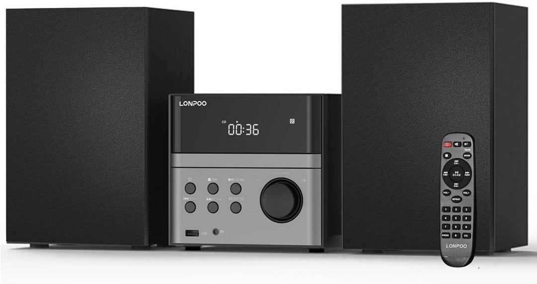 Compact Micro Hi-Fi Stereo System with CD Player, Bluetooth, FM Radio, USB Playback, Aux-Input & Earphone Output, 30W Stereo Sound, Remote Control