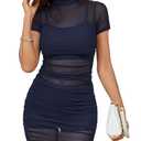 Rooscier Women's Short Sleeve Mesh Dress Bodycon 3 Piece Outfits with Cami Shorts Solid Navy Blue, Large
