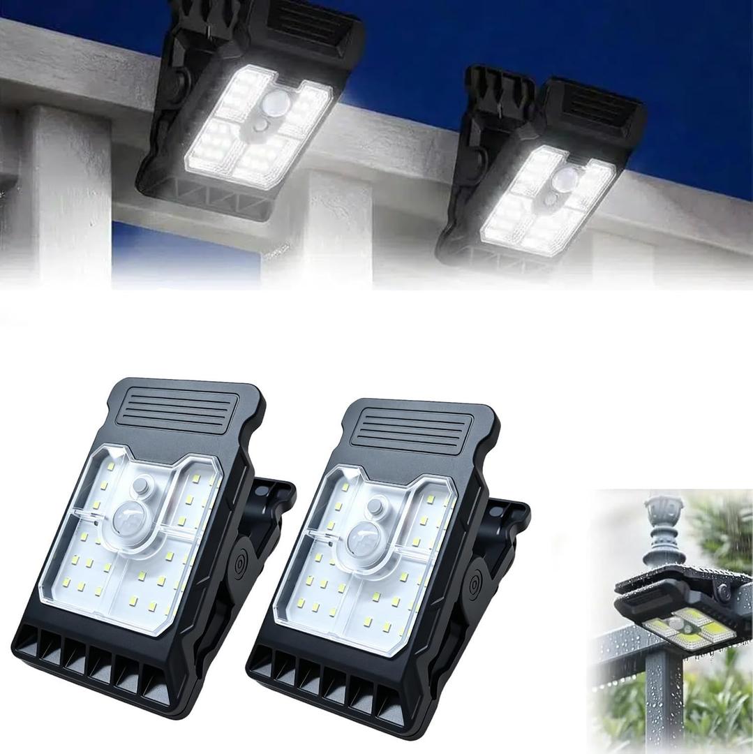 2Pcs Solar Clip Light with Motion Sensor, Portable Outdoor Waterproof Multifunctional LED Clip Lamp, Solar Security Lights for Fence, Wall, Garage, Patio Umbrella