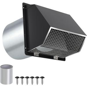 6 Inch Hooded Wall Vent with Screen and Damper,6"Exhaust Vent Dryer Vent Cover Outside,6" Vent Cover Exterior Wall Vent Cap for Kitchen Range Hood Vent Dryer Air Vent Bathroom Exhaust, Galvanized Steel (Black)