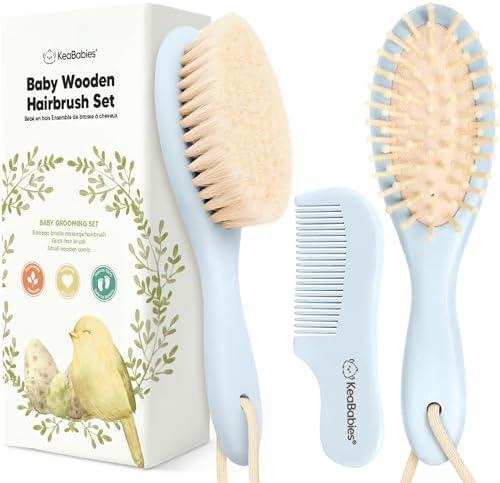 Baby Hair Brush Set for Newborns - Soft Goat Bristle Wooden Baby Brush and Comb Set Newborn Grooming Kit for Cradle Cap, Durable & Gentle, Boy, Girl Infant Essentials Care Kit (Regular, Frost)