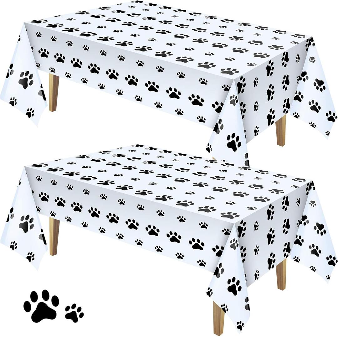 Tatuo 2 Pcs Puppy Paw Print Plastic Tablecloth Disposable Table Cover Puppy Themed Birthday Party Decorations for Dog Party Supplies (Black,108 x 54 Inch)