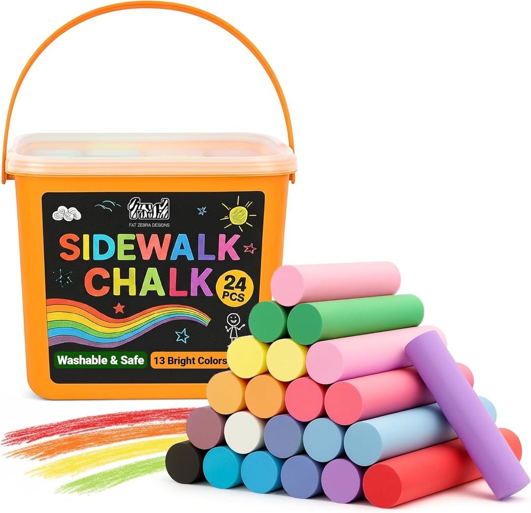 24 PCS Sidewalk Chalk for Kids - 13 Colors Bucket - Non-Toxic Washable Jumbo Chalks - Bulk Colored Set for Kids & Toddlers Outdoor Play, Chalkboard Art - Easy Carry & Mess-Free Storage