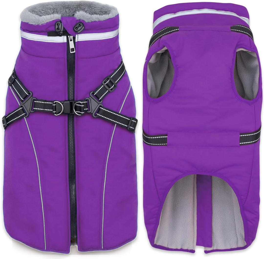 Fragralley Dog Coat with Harness Built in, Waterproof Windproof Reflective Warm Puffer Jacket, Fleece Lined Vest Winter Parka for Small, Medium, Large Dogs (Purple)