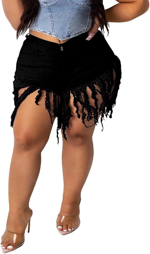 PINSV Women Plus Size Fringe Denim Shorts Tassels Jean Short Pants (5X-Large Plus, Black)