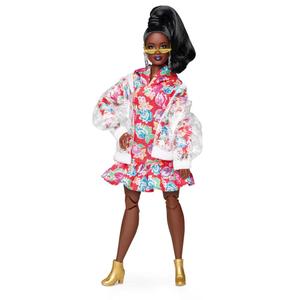 Barbie BMR1959 Fully Poseable Curvy Fashion Doll, Brunette, in Clear Vinyl Bomber Jacket and Floral Hoodie Dress, with Accessories and Doll Stand