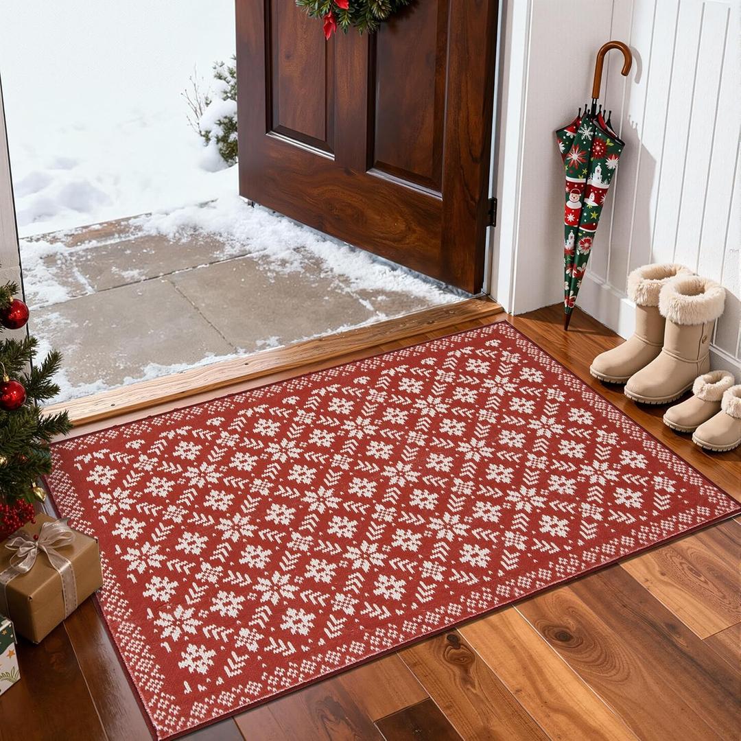 Jinchan Knit Look Christmas Rug 2x3 for Entryway Kitchen Small Red Holiday Rug for Porch Bathroom Classic Snowflake Printed Winter Xmas Decor Washable Doormat for Bedroom Non-Slip Ivory on Red