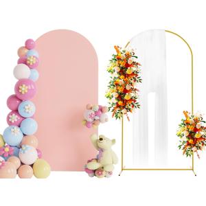 Putros 6.6ft Metal Arch Stand with Cover Pale Pink Spandex Fitted Wedding Arch Cover and Round Top Chiara Backdrop Stand Set for Birthday Party Baby Shower Decoration