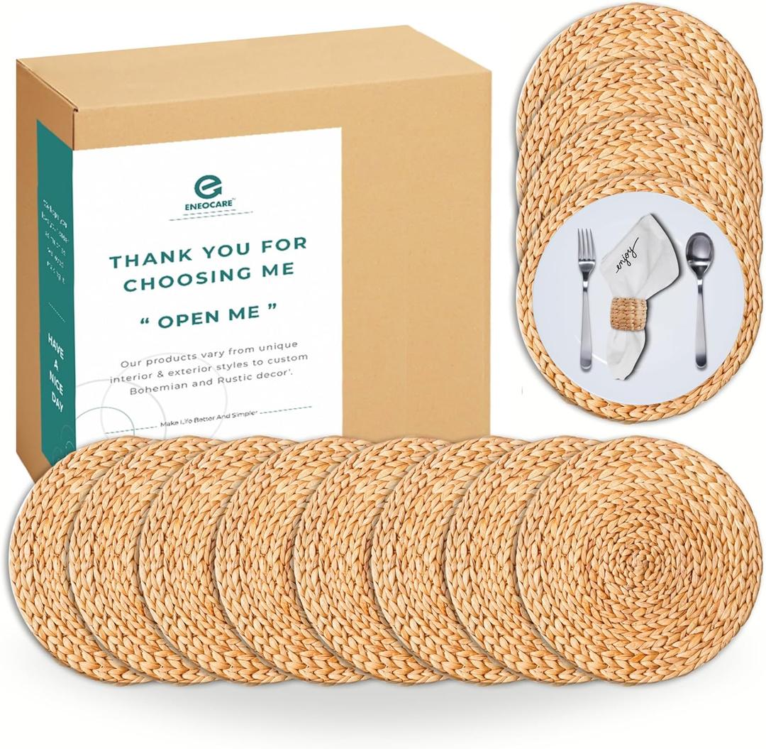 Round Woven Placemats Set of 12, Natural Water Hyacinth Placemats, Wicker Placemats, Braided Straw Rattan Table Mats, Heat Resistant Non-Slip for Kitchen, Dining and Home Decor (11.8")