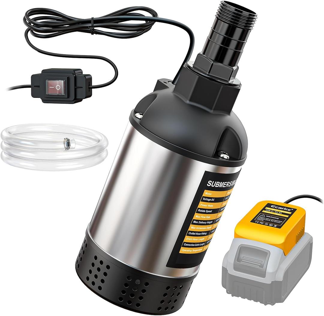 Ecarke Cordless Submersible Water Pump Compatible with Dewalt 20V Battery: 1268GPH Brushless High Flow Sump Pump with 6.5ft Hose, Portable Electric Water Pump for Swimming Pool Draining (No Battery)