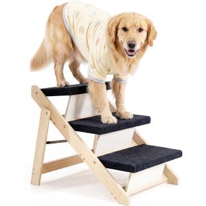 MEWANG Wood Pet Stairs & Ramp for Small/Medium Dogs and Cats, Aging Pets  3-in-1 Foldable, Portable, Non-Slip Pet Ladder for Tall Beds, Couches,CarsHolds Up to 220 lbs (24.8" L x 17.2" W x 19.5" H)