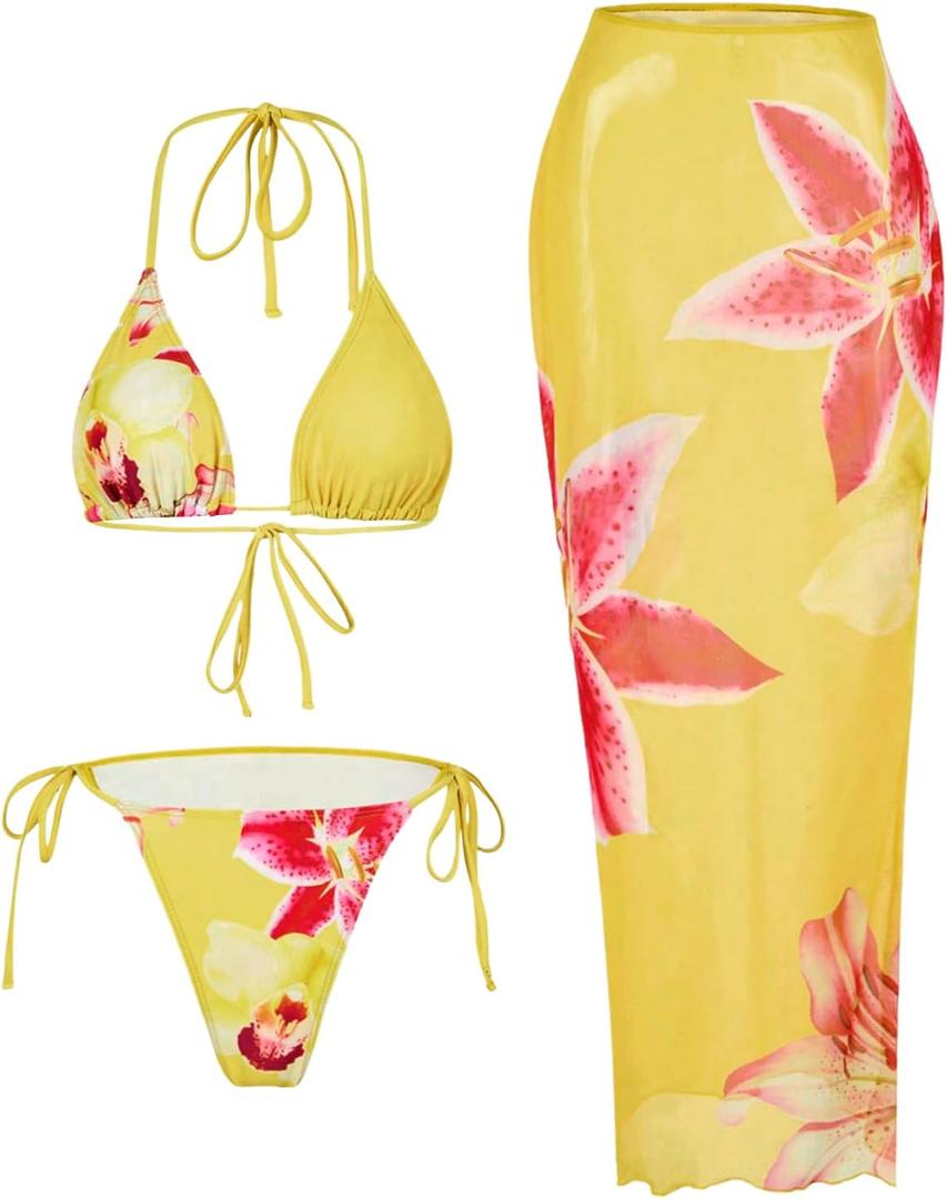 RoseSeek Women's 3 Piece Floral Swimsuit Halter Triangle String Bikini with Bodycon Beach Skirts Cover Up (Large, Yellow and Pink)