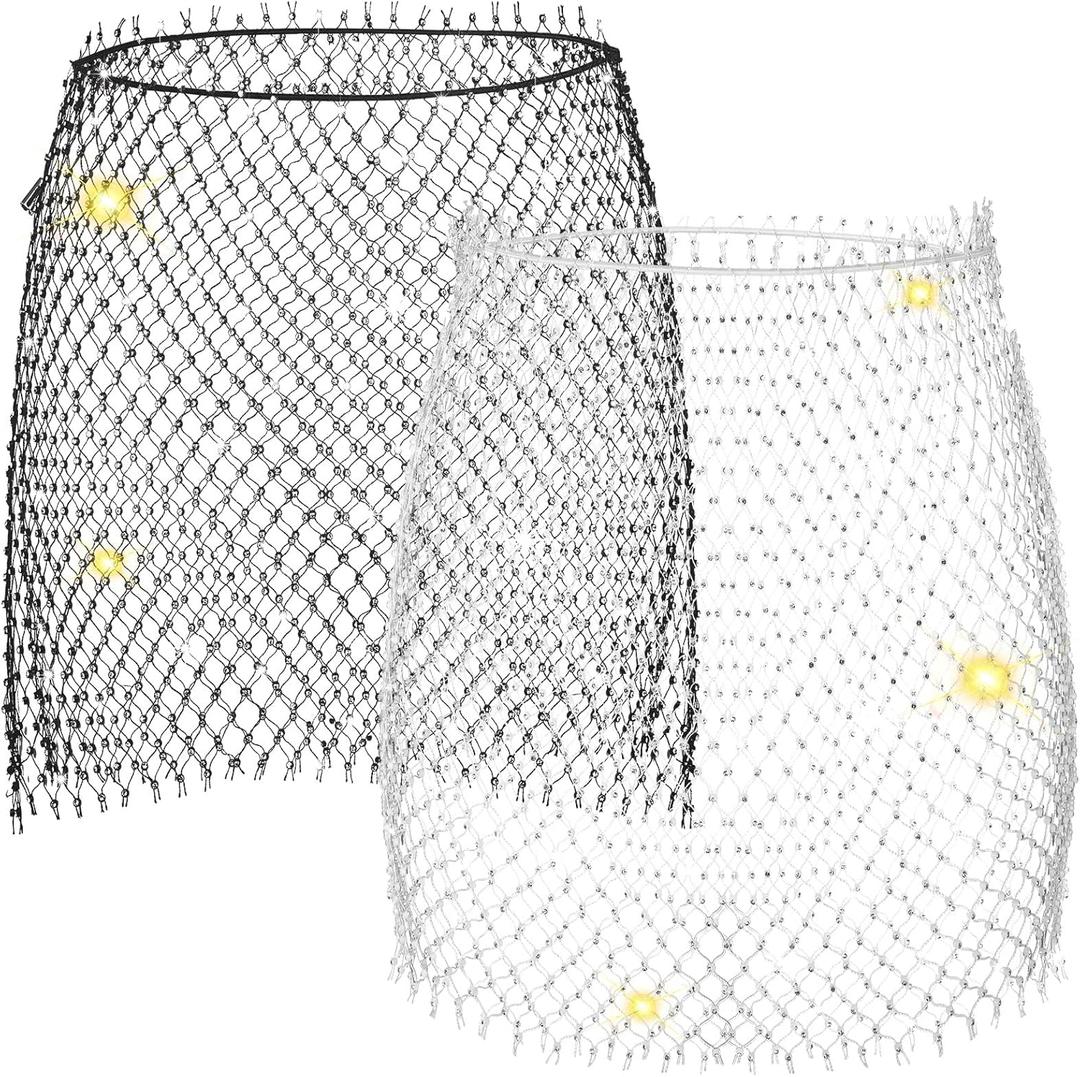 2-Piece Women's Mesh Skirt - See Through Rhinestone Belly Dance Beach Wrap Cover Up - Body Crystal Rave Skirts for Swimwear - White, Black, One Size