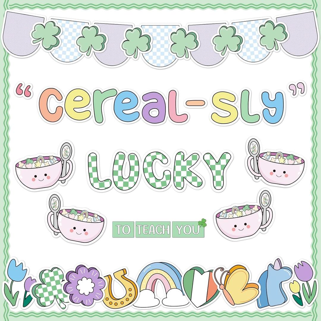 St. Patrick's Day Bulletin Board Decorations, Cereal-Sly Lucky to Teach You Cutouts Classroom Bulletin Board Decorations with Banner Decor Set for School Chalkboard Wall Irish Party Supplies (Green)