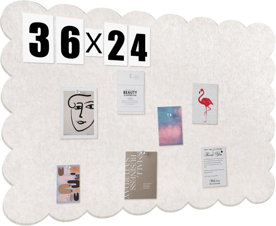 Scalloped Felt Bulletin Board 36 x 24 Inches Foldable Beige Pin Cork Board Alternative for Wall, 3' x 2' Trifold Picture Vision Self Adhesive Bulletin Decorative