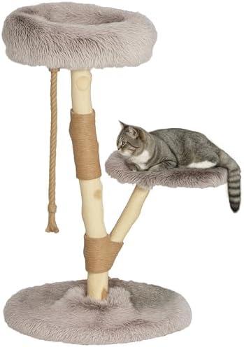 PawHut Cat Tree Tower, 35 Inch Modern Cat Tree for Indoor Adult Cats with Wooden Natural Branch Scratching Posts, Cat Bed & Rope Cat Toy, Brown