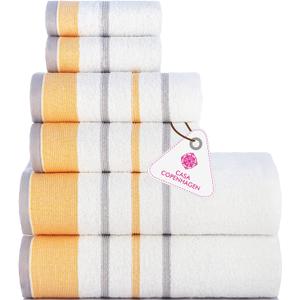 CASA COPENHAGEN White Bay, 6 Pieces Towel Set- White with Gold and Grey Violet Border, 600 GSM, 2Bath, 2Hand, 2Washcloths Egyptian Cotton Towel for Hotel Spa Kitchen Bathroom Kitchen & Shower