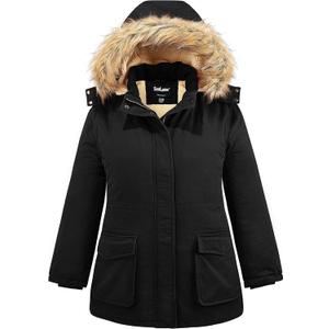 Soularge Women's Winter Plus Size Sherpa Lined Jacket with Detachable Hood (2X, Black)