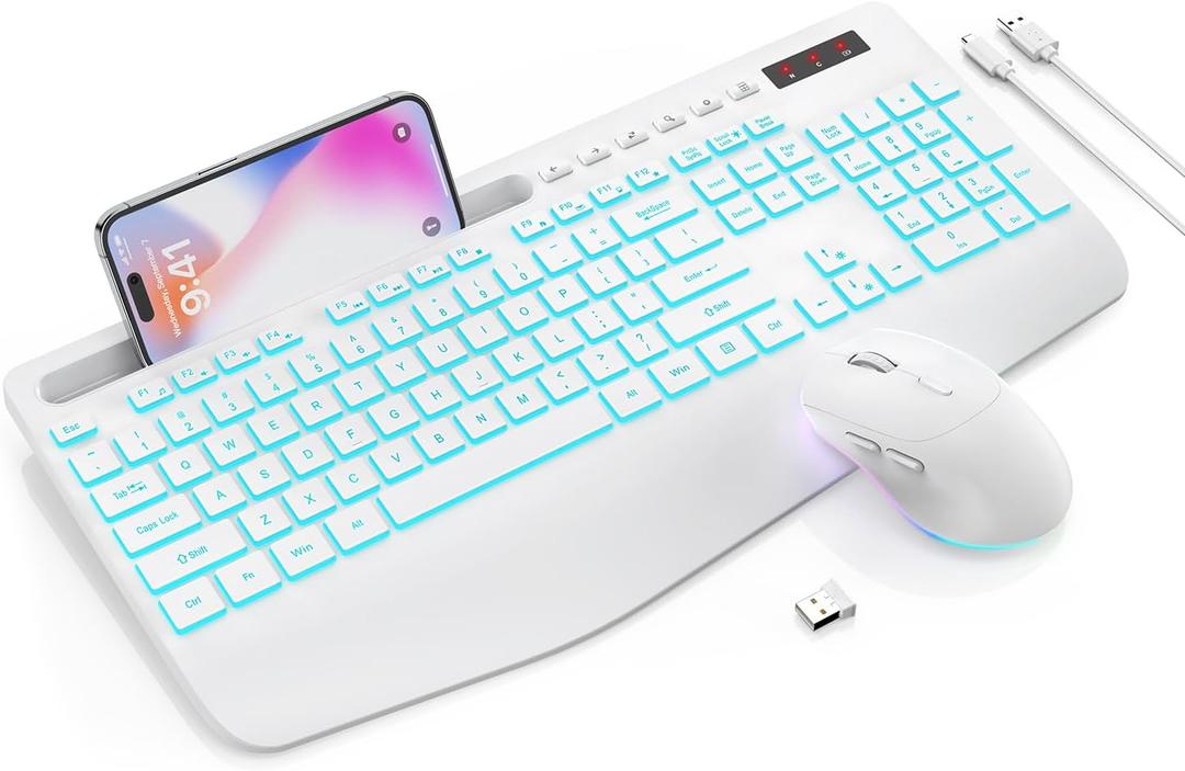 Trueque Wireless Keyboard and Mouse Combo with 7 Colored Backlits, Wrist Rest, Rechargeable Ergonomic Keyboard with Phone Holder, Silent Lighted Full Size Combo for Windows, PC, Laptop (Cloud White)