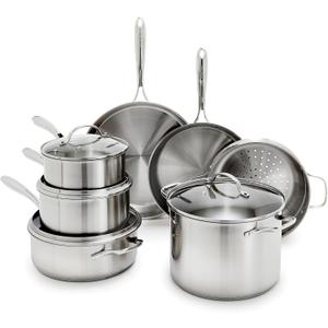 GreenPan Stainless Steel Cookware Set, 11 Piece, Induction Cookware, Dishwasher Safe, Oven Safe to 600F, Large 8QT Stock Pot, Sauce, Saute, Frying Pans, Pots & Pans Kitchen Essentials, Silver