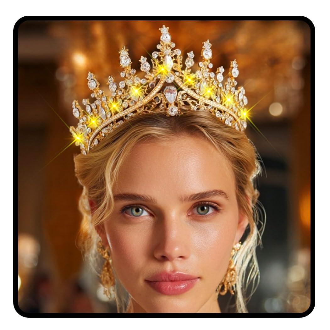 JEAIRTS Light Up Rhinestone Crown Gold Wedding Tiara Headpiece Led Crystal Bridal Hair Accessories for Women