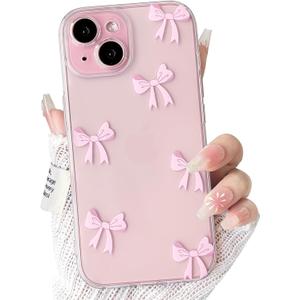 NITITOP Compatible with iPhone 15 Case Clear Cute Bow Knot Design for Women Girls Stylish Bowknot Durable Soft TPU Slim Protection Phone Cover - Pink Ribbon