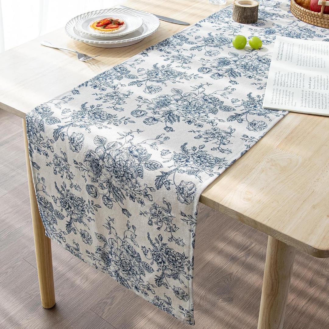 Blue Floral Runner for Table - 14 x 48 Inch - French Country Vintage Linen Table Runners 48 Inches Long for Holiday Kitchen Dining Wedding Home Party Decoraion,Vintage Flower