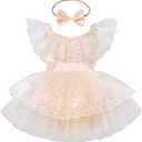 FYMNSI Infant Baby Girl 1st Birthday Outfit Floral Lace Tulle Romper Tutu Dress Headband 2PCS Bodysuit Princess Summer Clothe (9-12 Months, Apricot)