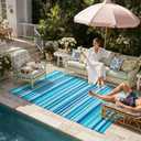 Outdoor Plastic Straw Rug Waterproof Patio 8x10 Blue Teal Stripe Mat for Porch Camping RV Balcony Deck Courtyard Reversible Lightweight Durable Portable Carpet