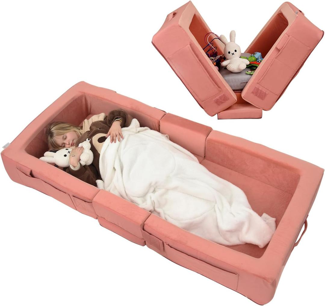 ENITYA Toddler Travel Bed, Folding Floor Cot for Travel, Portable Kids Bed for Sleeping, Washable Toddler Cot for Children 1 4yr Old, Pink (55*25*7in)