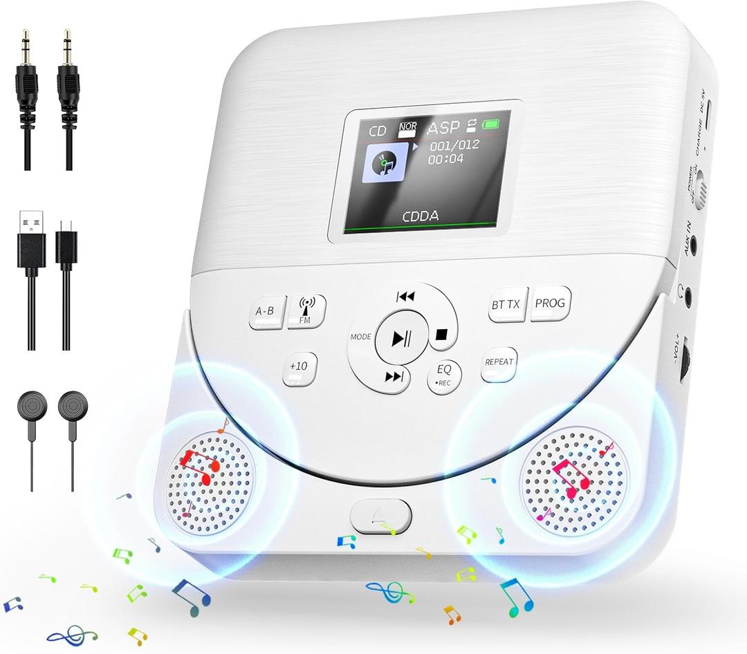 Bluetooth CD Player Portable for Home with Dual Speakers, FM Transmitter, Rechargeable Portable CD Player for Car Compact Player with Colorful TFT Screen
