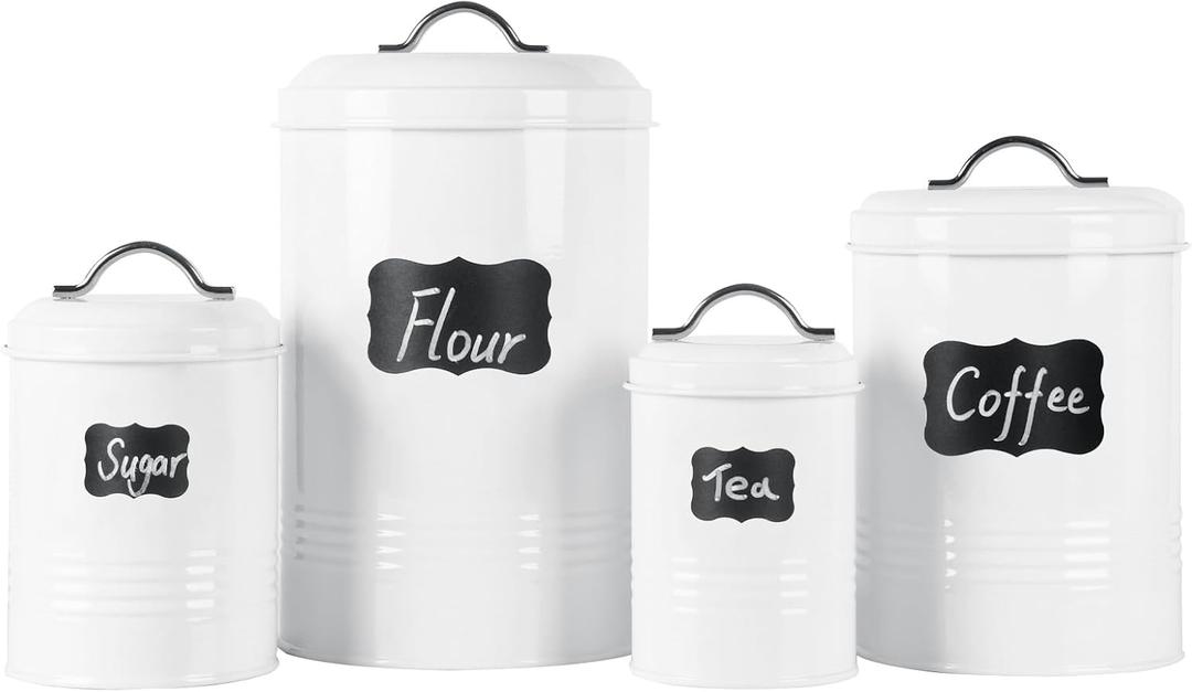 Nesting Canisters Sets for the Kitchen, Set of 4 Airtight White Farmhouse Canister Jars with Removable Chalkboard Labels and Marker, for Flour Sugar Coffee Tea Storage