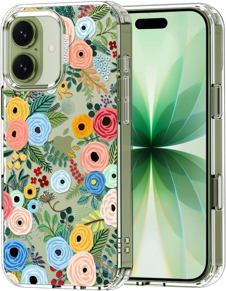 MOSNOVO for iPhone 17 Case | Military Grade 6.6ft Drop Tested | Camera Control | Clear with Pastel Floral Garden Design