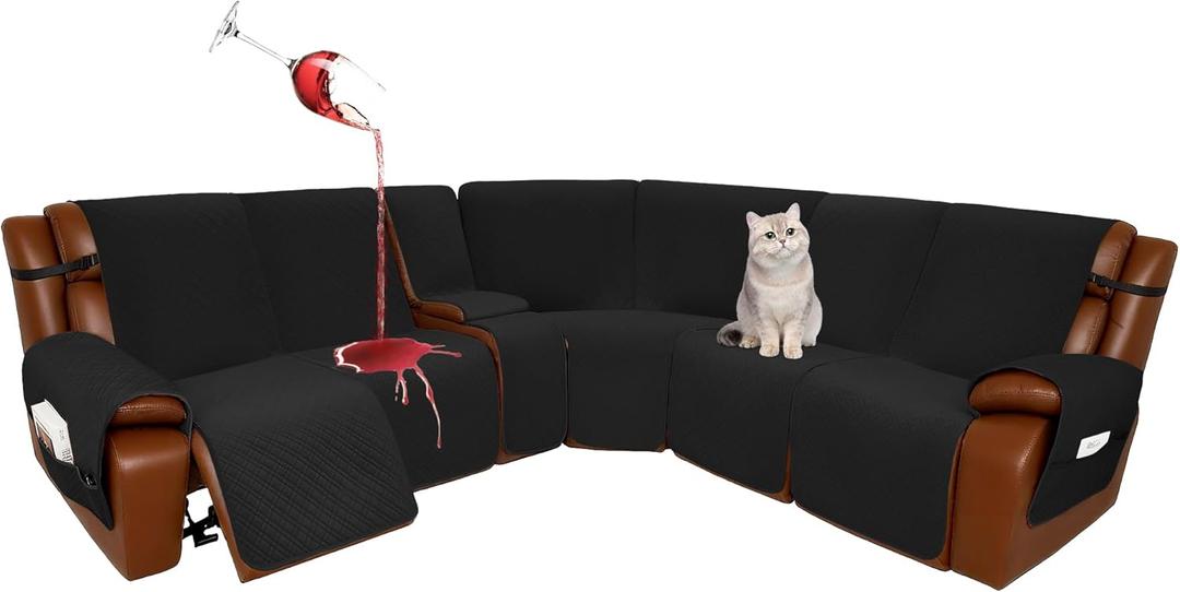 Velvet 1OO% Waterproof Reclining Sectional Couch Covers for Sectional Sofa L Shape 8-Piece Quilted Corner Recliner Sofa Cover Slipcovers Set Washable (5 Seater with 1 Console, Black)