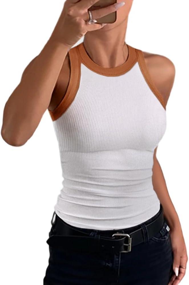 Tank Tops for Women Summer Sleeveless Round Neck Basic Cami Top Slim Knit Ribbed Racerback Blouses (Small, Light Brown)