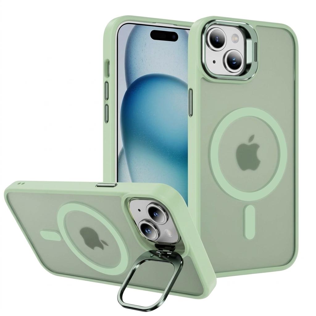 Hitaoyou for iPhone 15 Case Compatible with Magsafe, Translucent Matte Camera Kickstand iPhone 15 Case,Phone Case iPhone 15,Shockproof Heavy Duty Protective Cover Case for iPhone 15, C-Green