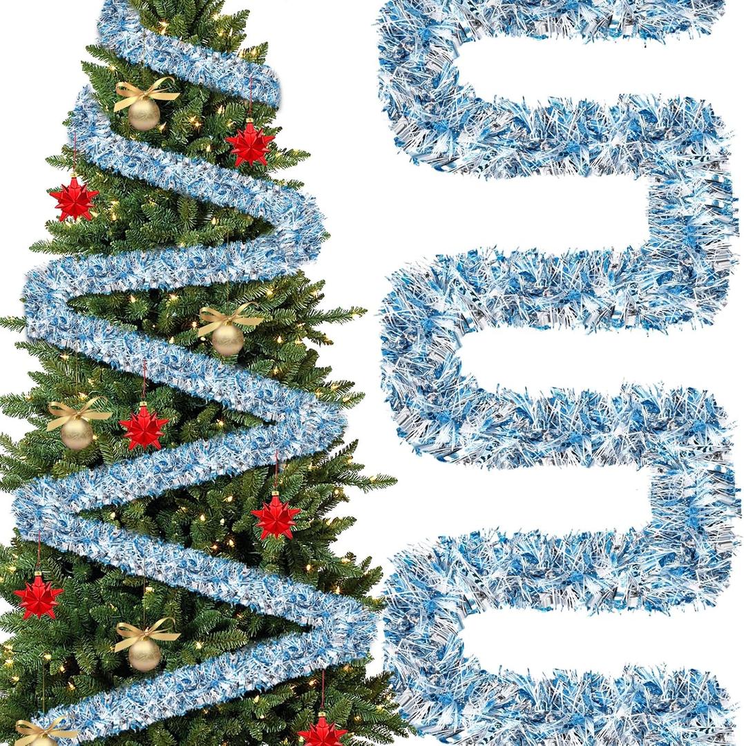 177 Feet Christmas Tinsel Garland Metallic Shiny Hanging Christmas Tree Tinsel Garland Ornaments for Indoor Outdoor Party Wedding Holiday(Blue White Silver)