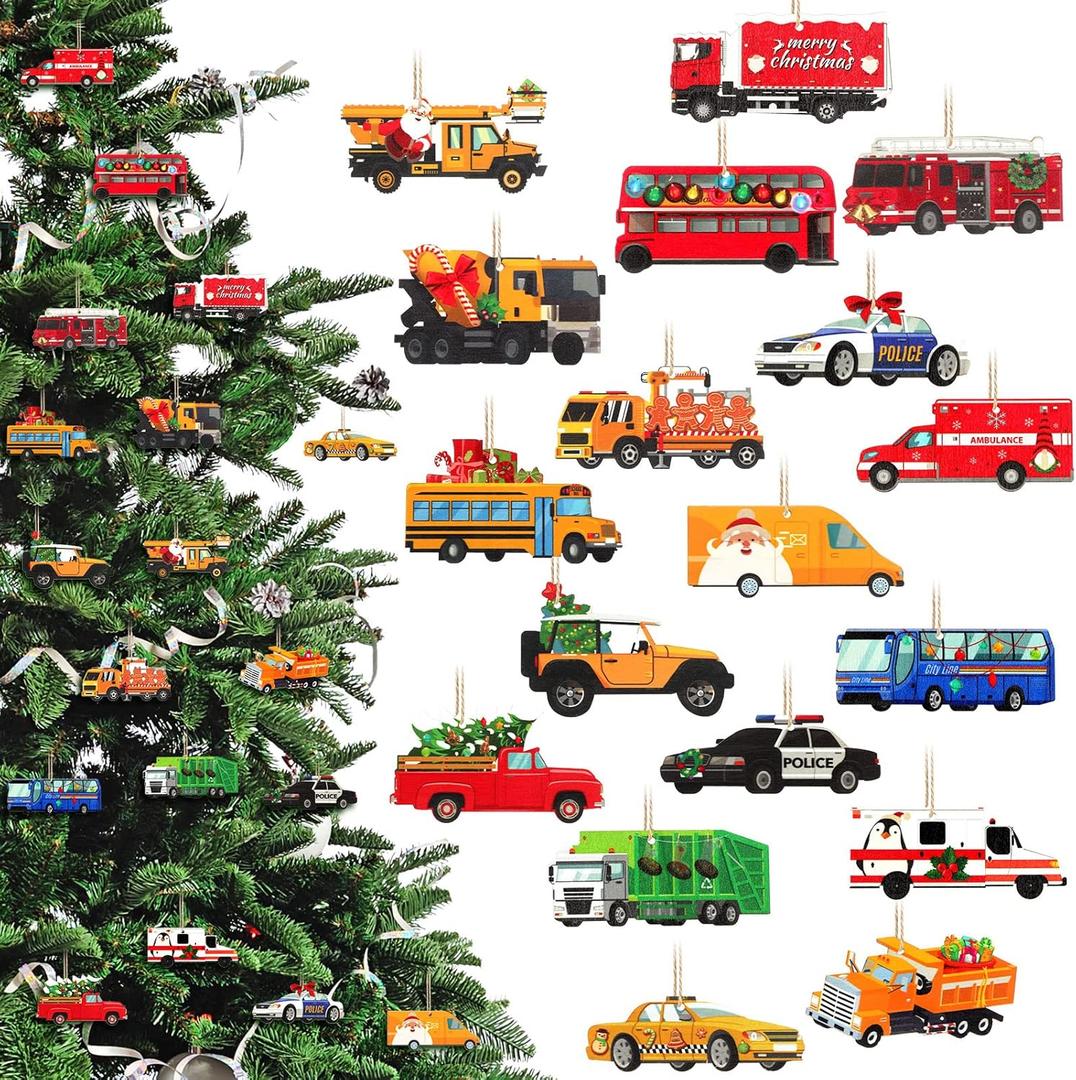 Pinkunn 36 Pcs Christmas Vehicle Wood Ornaments Set Construction, Monster, Fire, Army, Police Car Transportation Hanging Ornaments Gifts for Tree Decor(Cars,Multicolor)