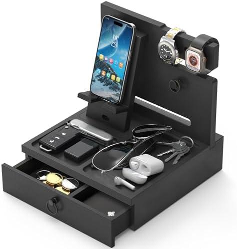 Zaldia Wood Phone Docking Station, Nightstand Organizer with Drawer, Bedside Table Organizer for Watch & Accessories, Christmas Anniversary Birthday Gifts for Men,Dad,Husband