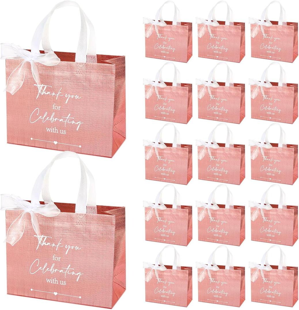 CHENGU 50 Pcs Thank You Gift Bags Thank You for Celebrating with Us Wedding Gift Bag Welcome Bag Birthday Glossy Tote Ribbon Reusable Bag for Hotel Guest Bachelorette Party Bridal Shower (Rose Gold)