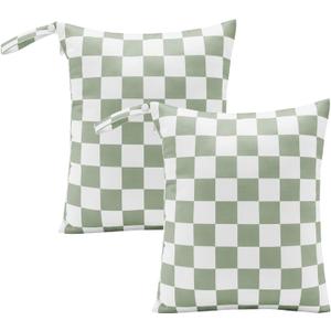 Ohocut Sage Green Checkered Waterproof Wet Dy Diaper Bag for Baby Essentials, Travel, Swimsuit, Beach Bag Accessories, Aesthetic Trendy Cute Toddler Baby Cloth Bag Pouch, Pack of 2