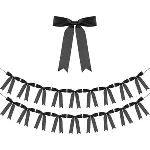 Black Bow Garland Banner 2 Strings 18PCS, Pre-Strung Satin Ribbon Bow Ornaments for Birthday, Baby Shower, Bridal Shower, Wedding, Bachelorette Party, Engagement, Anniversary, Graduation Decor