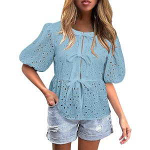 FARORO Women's Summer Dressy Casual Tops Short Puff Sleeve Babydoll Peplum Blouse Bow Tie Front Hollow Out Lace Shirts (Grey Green, Medium)