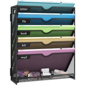 Hanging Wall File Organizer 6-Tier Wall Mount Mail Organizer & Desk Paper Organizer, Sleek Black Metal File Folder Holder for Office, Cubicle, Bedroom | All-in-One Document Storage Shelf