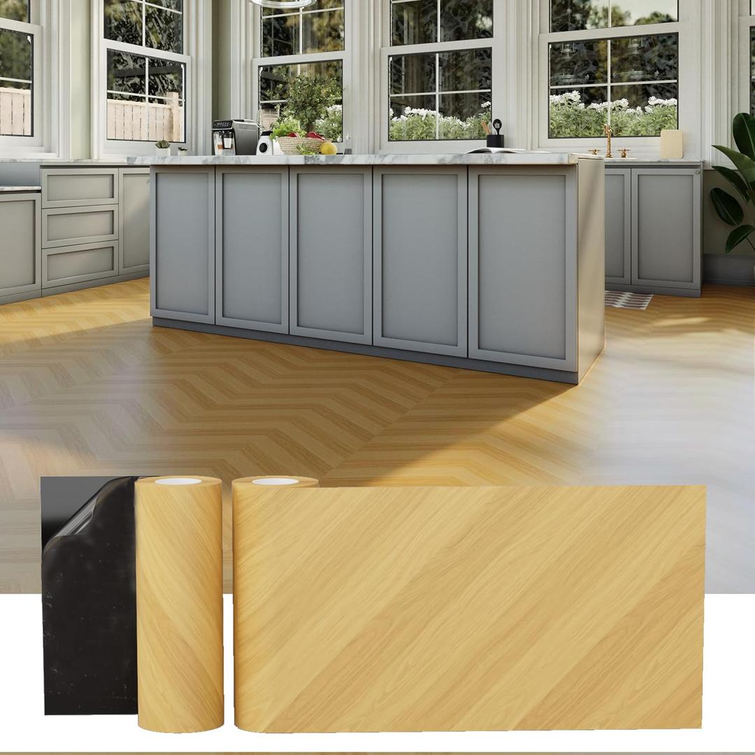 2 Rolls Cover 52 Sq.Ft Peel and Stick Floor Tile Roll 15.7 x 236, Self Adhesive Vinyl Flooring Wood Grain Linoleum Flooring Tile DIY for Kitchen, Bathroom, Living Room, Light Brown Herringbone