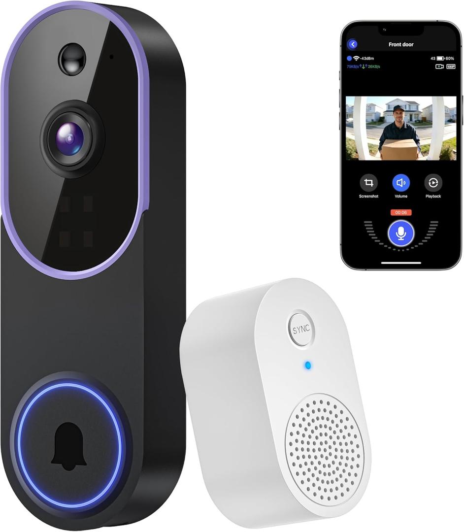 1080P Wireless Video Doorbell Camera, Outdoor Surveillance Cameras, FHD Live View, Cloud Storage, AI Human Detection, Instant Alert, Night Vision, Two Way Audio, 2.4G WiFi Only (Purple)