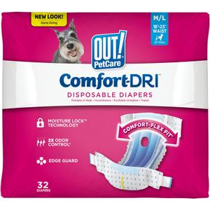 OUT! Petcare Disposable Dog Diapers, Female Dog Diapers, Incontinence Protection for Dogs, Heat Cycle Protection, Puppy Training Solution, 18-25 Waist, Medium/Large, 32 Count