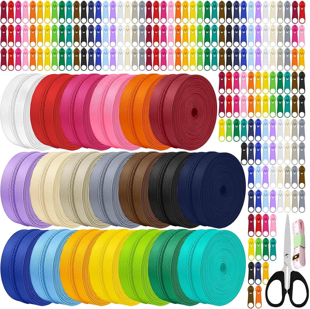 60 Yards 20 Pcs Sewing Colors Zippers Bulk #5 Nylon Coil Assorted Lengths Sewing Zipper with 200Pcs Pull Heads, for DIY Sewing, Bag Pack, Crafts Zipper Tape for Clothes, Purse Making Supplies Kit